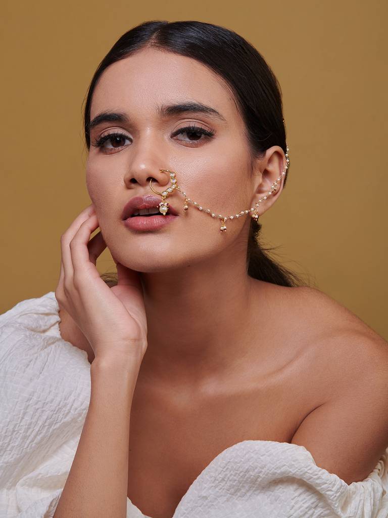 Miera Kundan And Pearl Drop Nose Ring : FAE14
