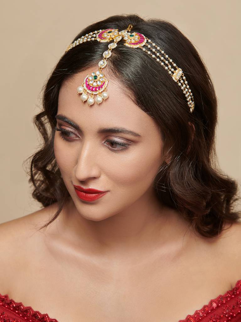 Pearl And Kundan Pink Bridal Sheesh Phool Teeka : FAE42