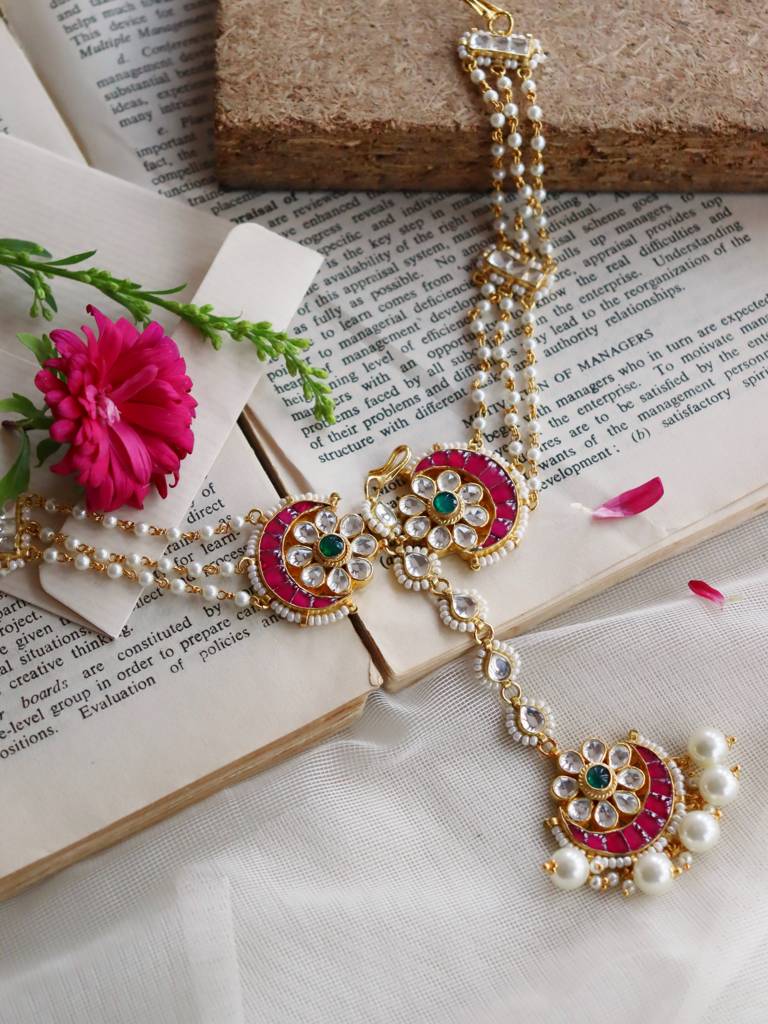 Pearl And Kundan Pink Bridal Sheesh Phool Teeka : FAE42
