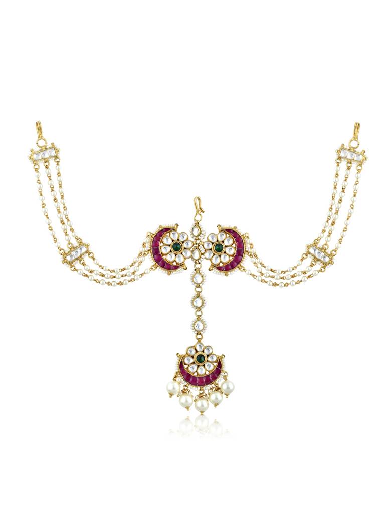 Pearl And Kundan Pink Bridal Sheesh Phool Teeka : FAE42