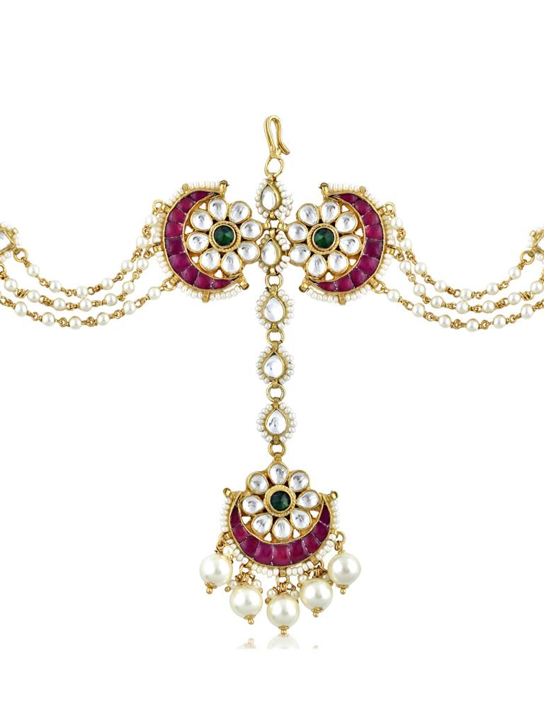 Pearl And Kundan Pink Bridal Sheesh Phool Teeka : FAE42