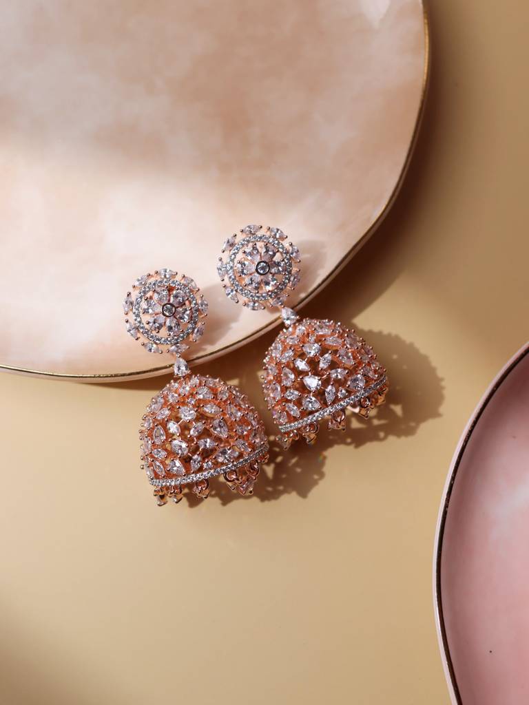 Diamante Cubic Zirconia Rose Gold Jhumki Earrings : FEC120