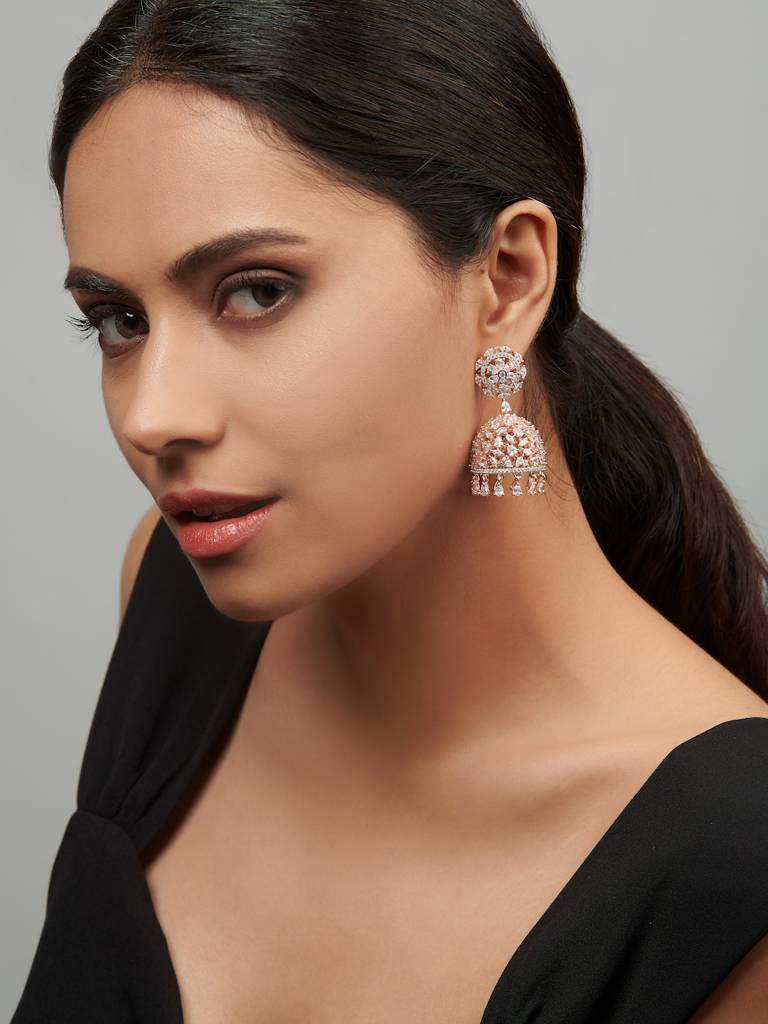 Diamante Cubic Zirconia Rose Gold Jhumki Earrings : FEC120