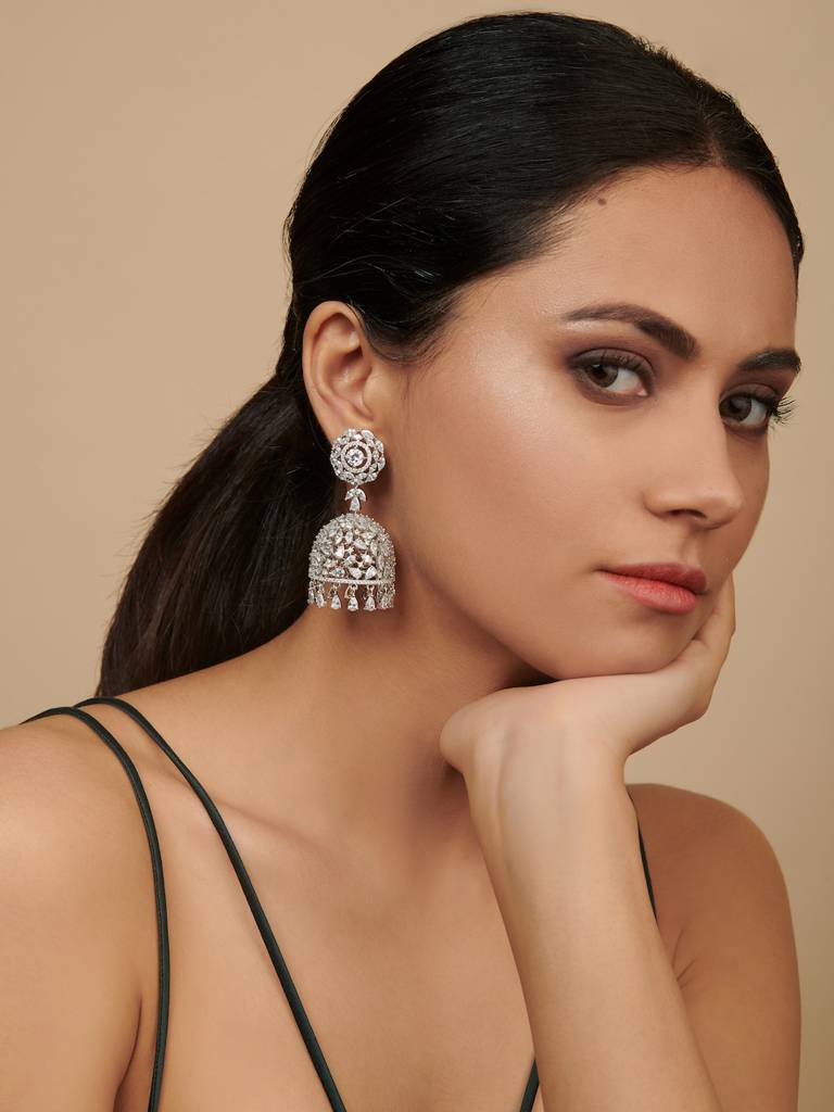Diamante Cubic Zirconia Floral Jhumki Earrings : FEC130