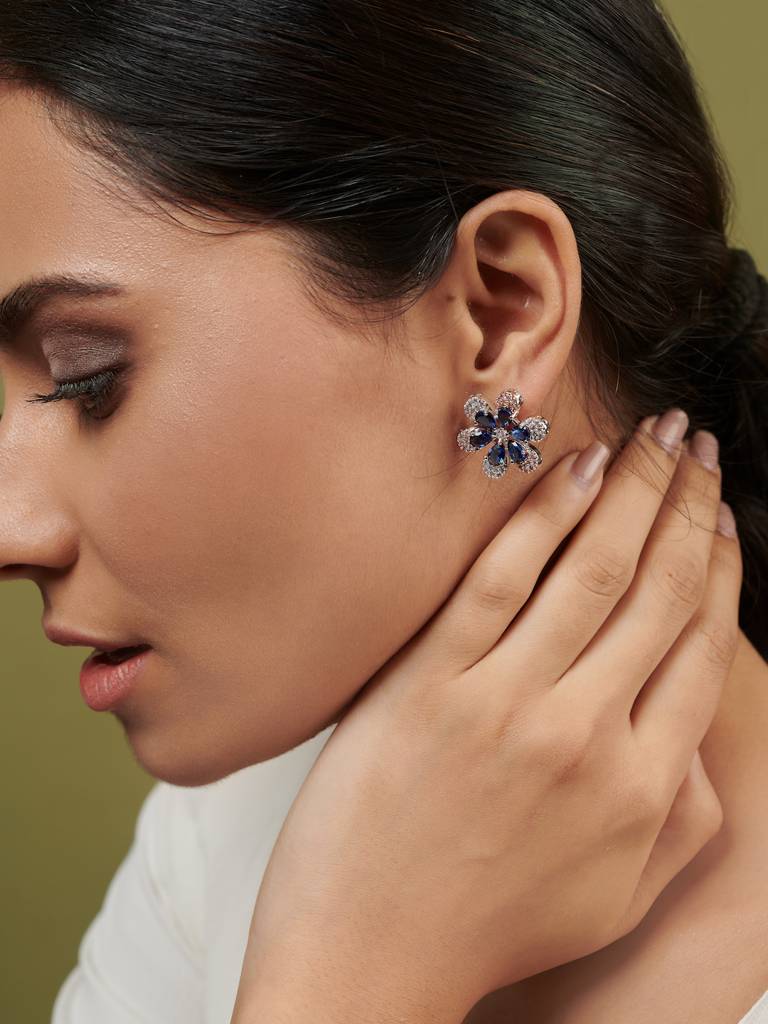 Cubic Zirconia Deep Blue Floral Stud Earrings : FEC149