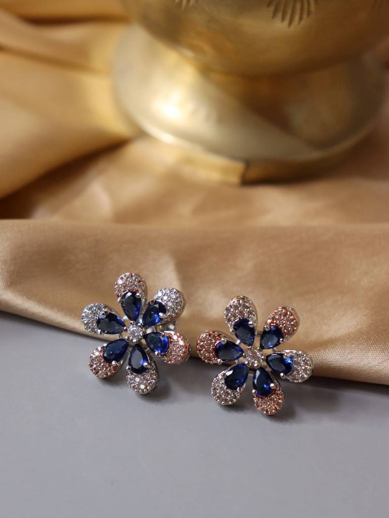 Cubic Zirconia Deep Blue Floral Stud Earrings : FEC149