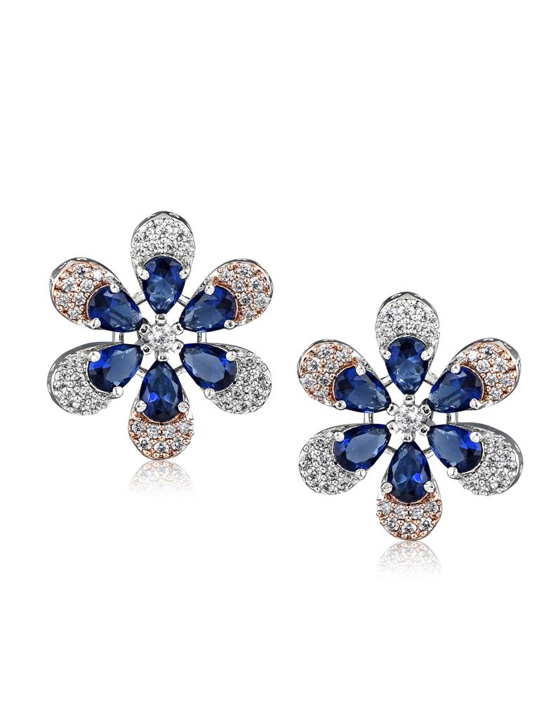Cubic Zirconia Deep Blue Floral Stud Earrings : FEC149