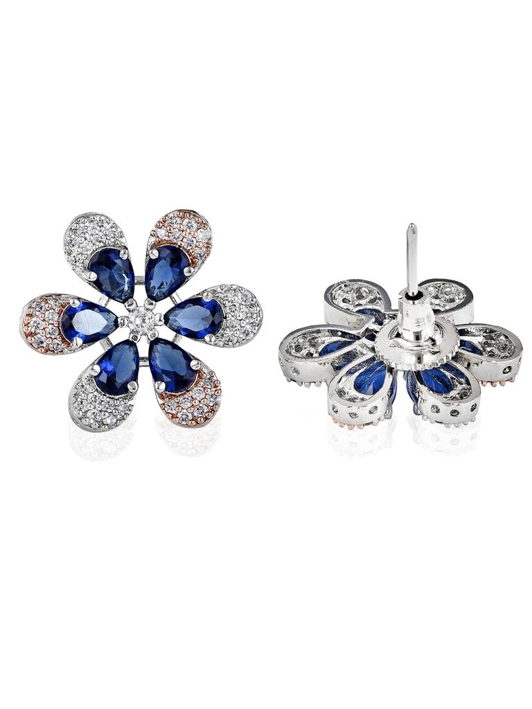 Cubic Zirconia Deep Blue Floral Stud Earrings : FEC149