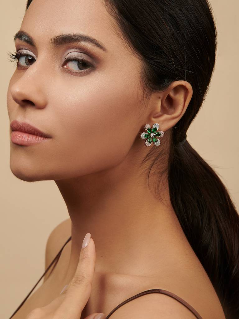 Cubic Zirconia Emerald Green Floral Stud Earrings : FEC150