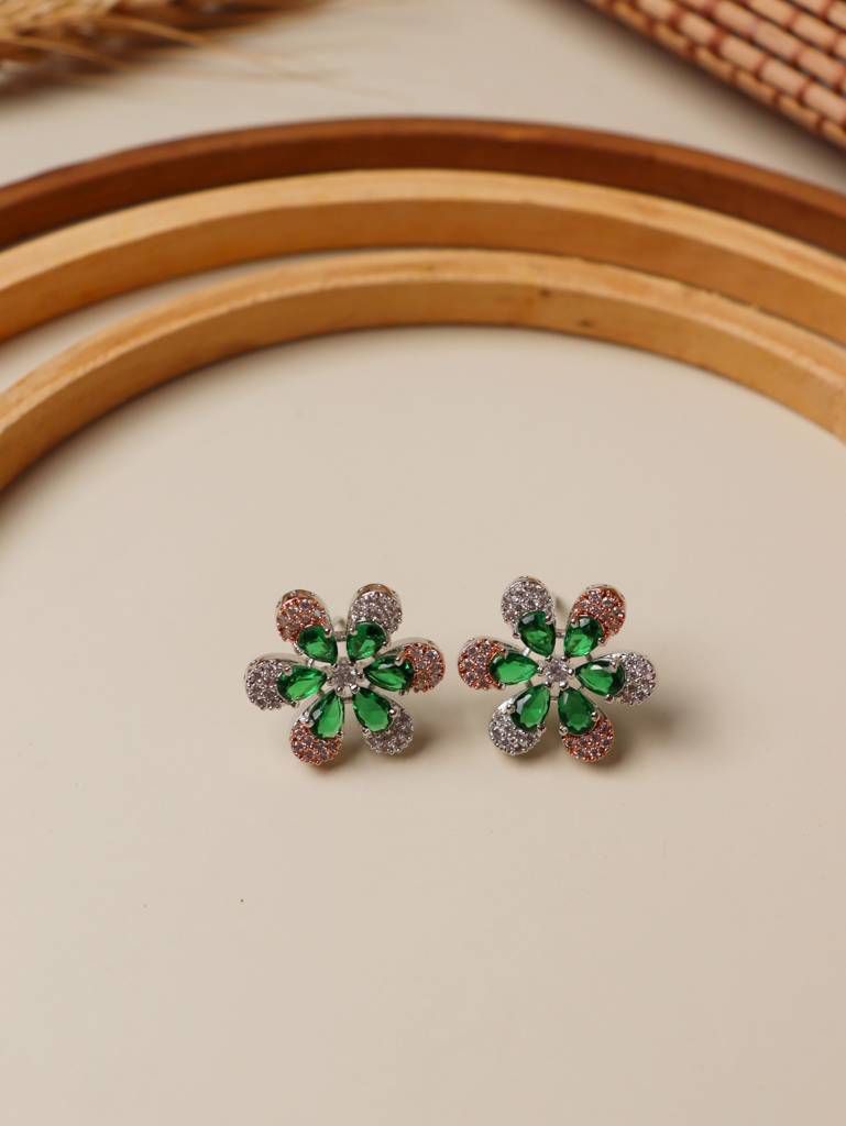 Cubic Zirconia Emerald Green Floral Stud Earrings : FEC150