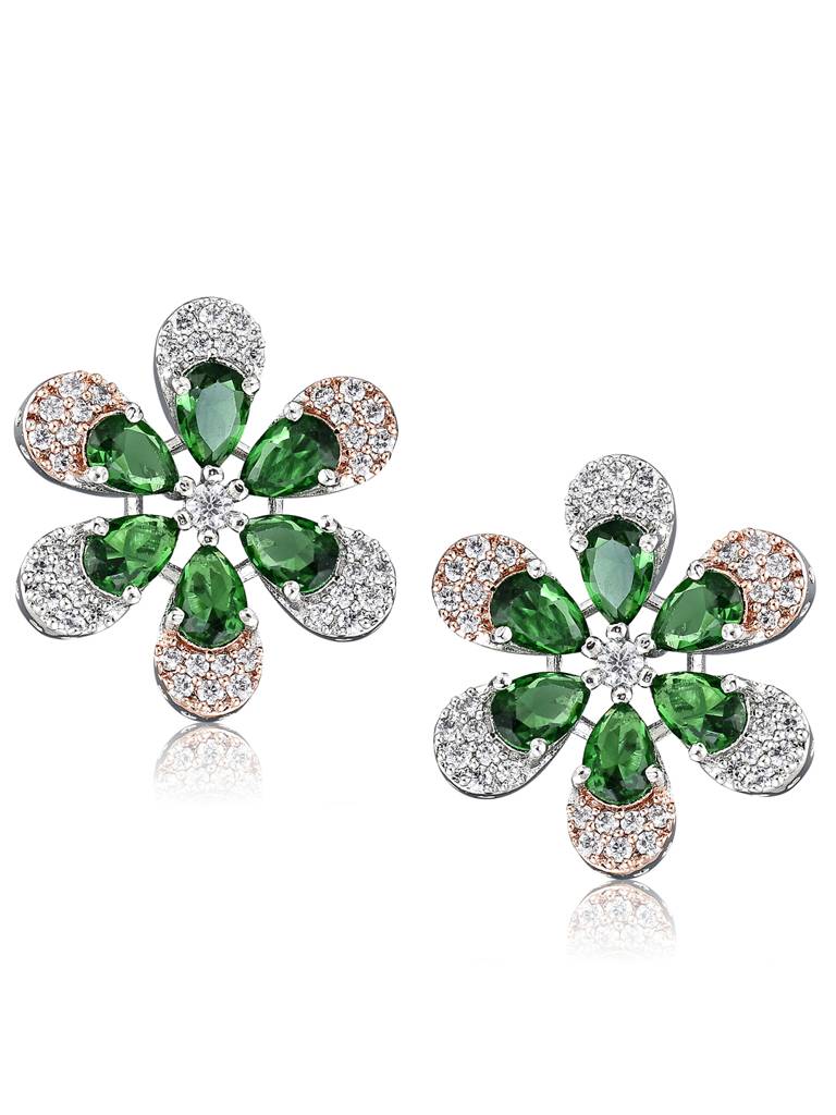 Cubic Zirconia Emerald Green Floral Stud Earrings : FEC150