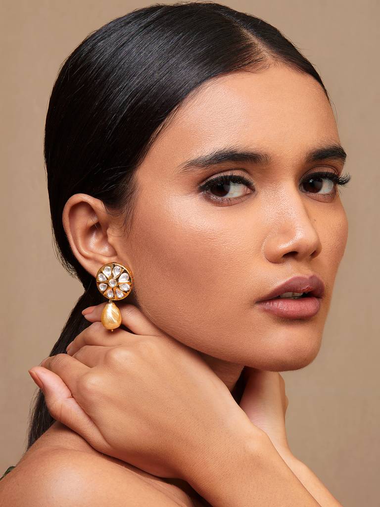 Miera Kundan And Gold Plated Pearl Drop Earrings : FEE201