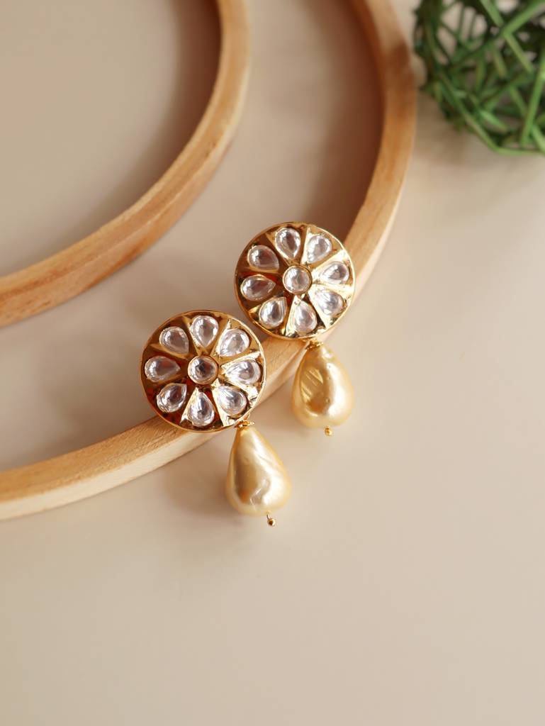 Miera Kundan And Gold Plated Pearl Drop Earrings : FEE201