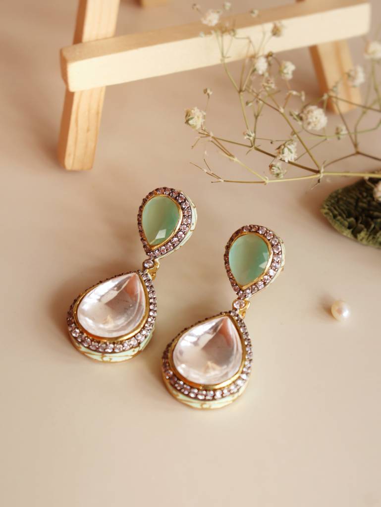 Meira Kundan And Green Drops Dangler Earrings : FEE206