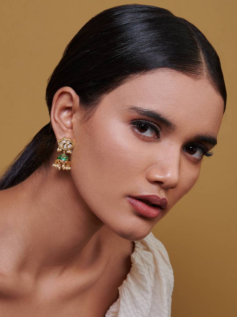Miera Kundan And Green Enameld Small Earrings : FEE208
