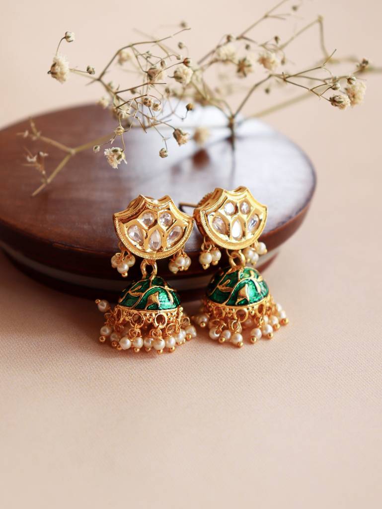 Miera Kundan And Green Enameld Small Earrings : FEE208
