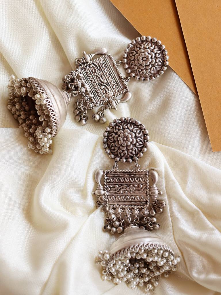 Aria Oxidised Long Pearl Enbellished Jhumkis Earrings : FEO309
