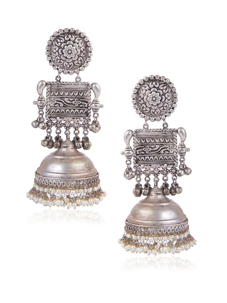 Aria Oxidised Long Pearl Enbellished Jhumkis Earrings : FEO309