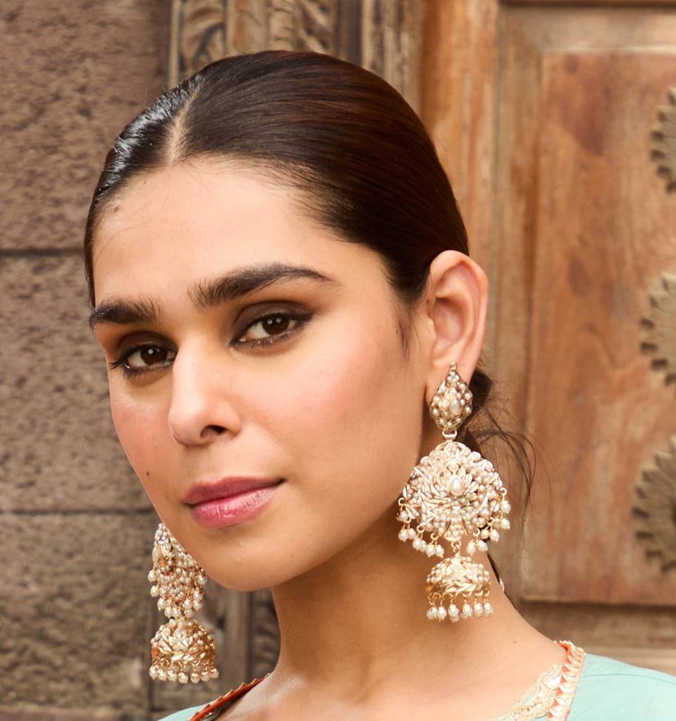 Elegant White Jadau Earrings With Layered Pearl Jhumka Drops : RMQJ0248