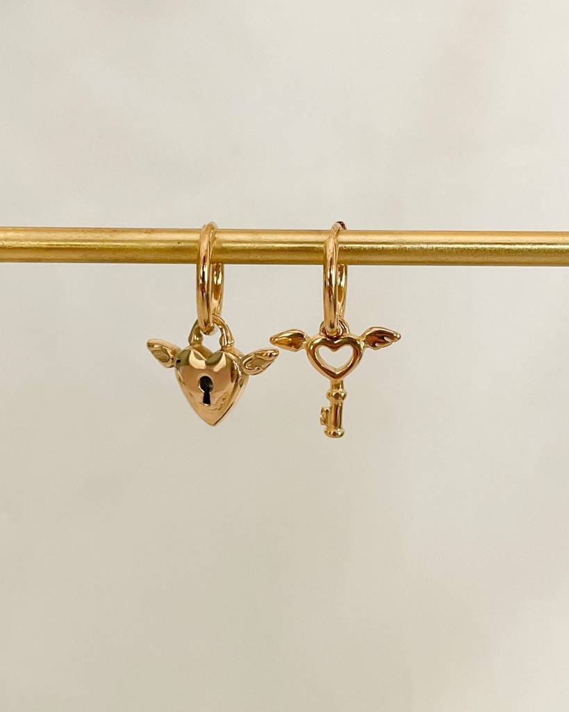 18K Gold Plated Heart Lock And Key Mismatched Earrings : E49