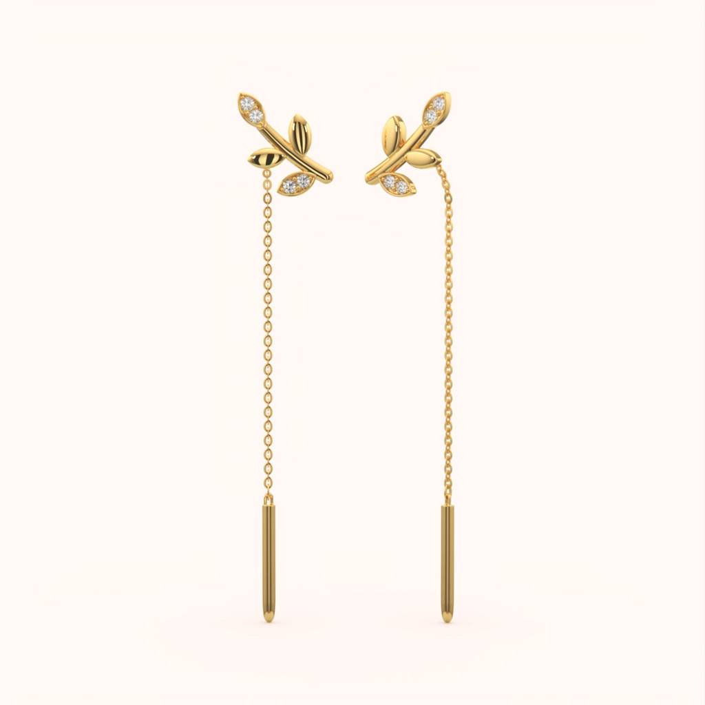 18K Gold Vermeil Leaf Drop Threader Earrings : KET0003-Rosegold
