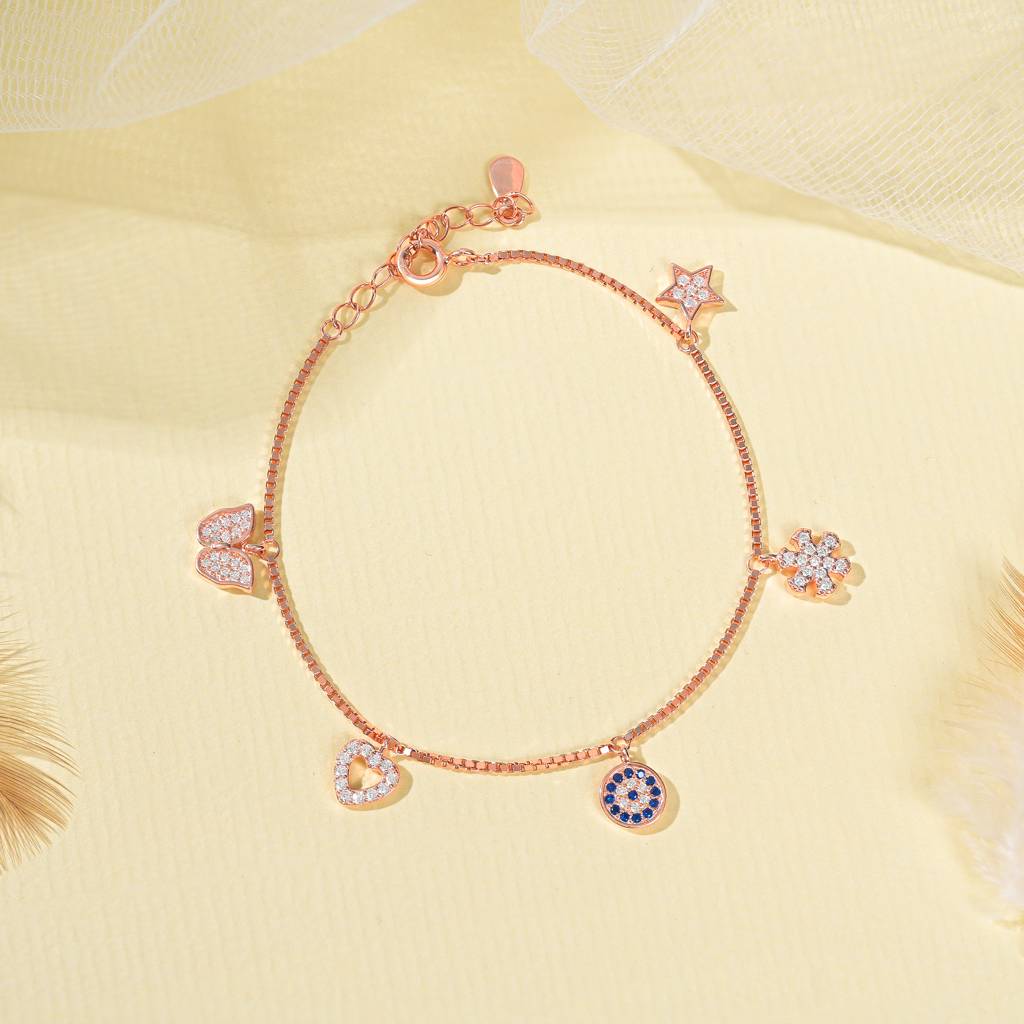 Butterfly Charm Evil Eye Bracelet In Rose Gold Color : FHLB600