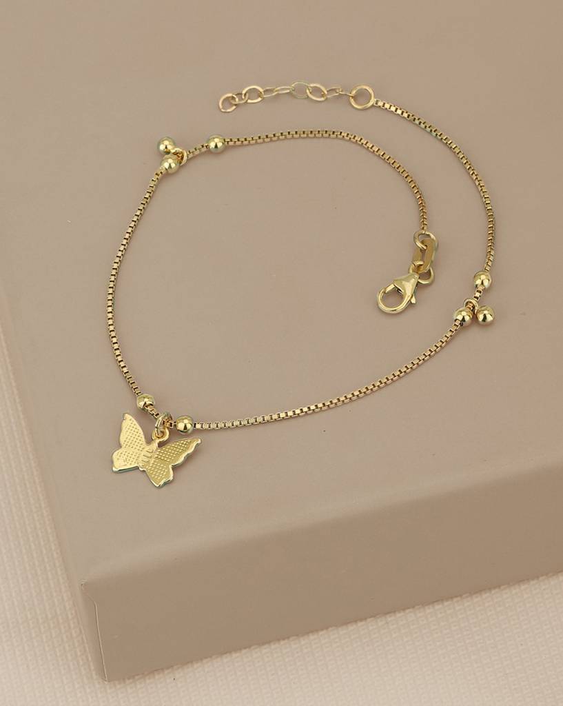Carlton London 18Kt Gold Plated Anklet With Dangling Butterfly Charm & Beads : FJA4305