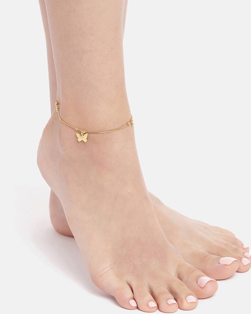 Carlton London 18Kt Gold Plated Anklet With Dangling Butterfly Charm & Beads : FJA4305