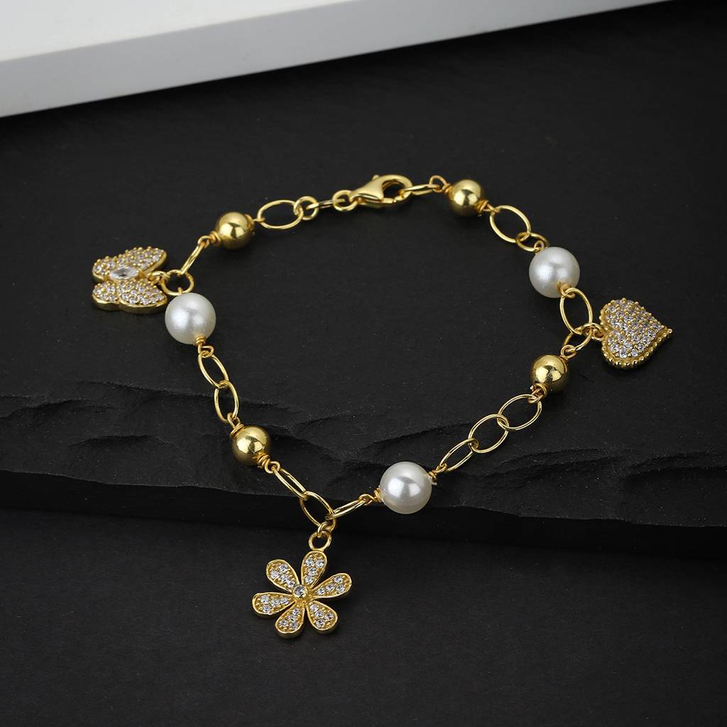 Carlton London Women Gold-Toned & White Brass Cubic Zirconia Charm Bracelet : FJB3279