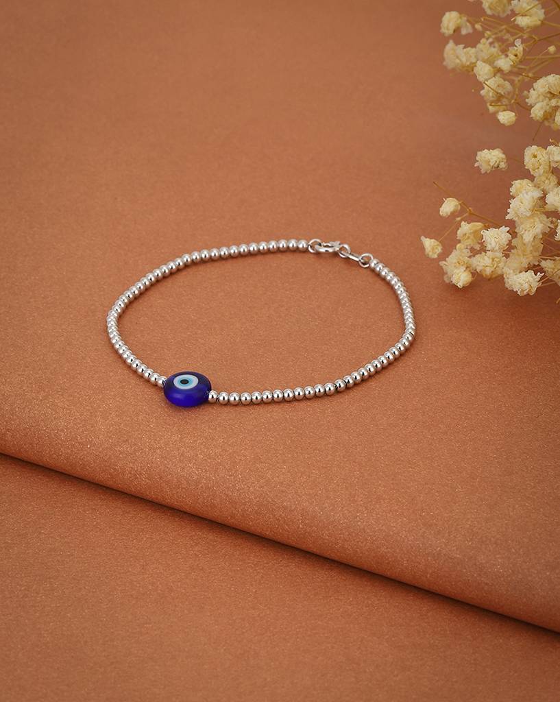 Women Silver-Toned & Blue Rhodium-Plated Evil Eye Beaded Bracelet : FJB3284
