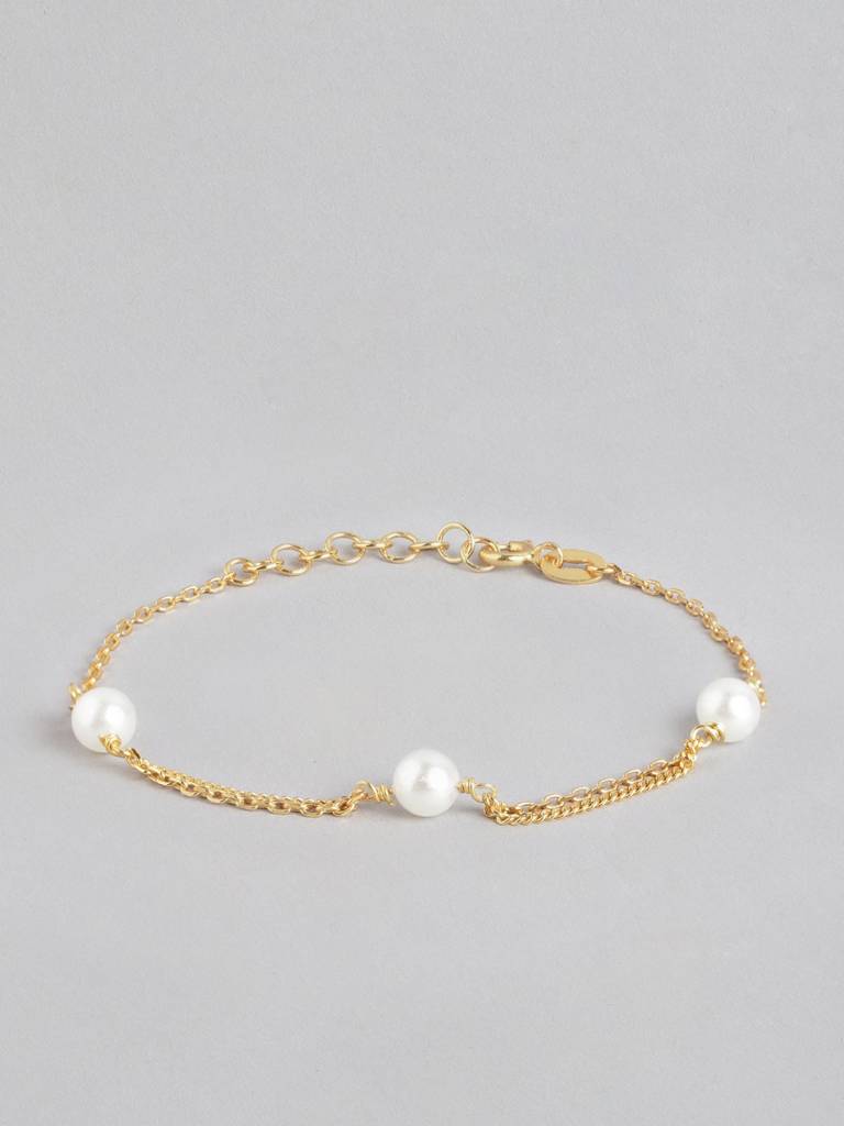 Gold-Plated White Pearl Studded Handcrafted Link Bracelet : FJB3662