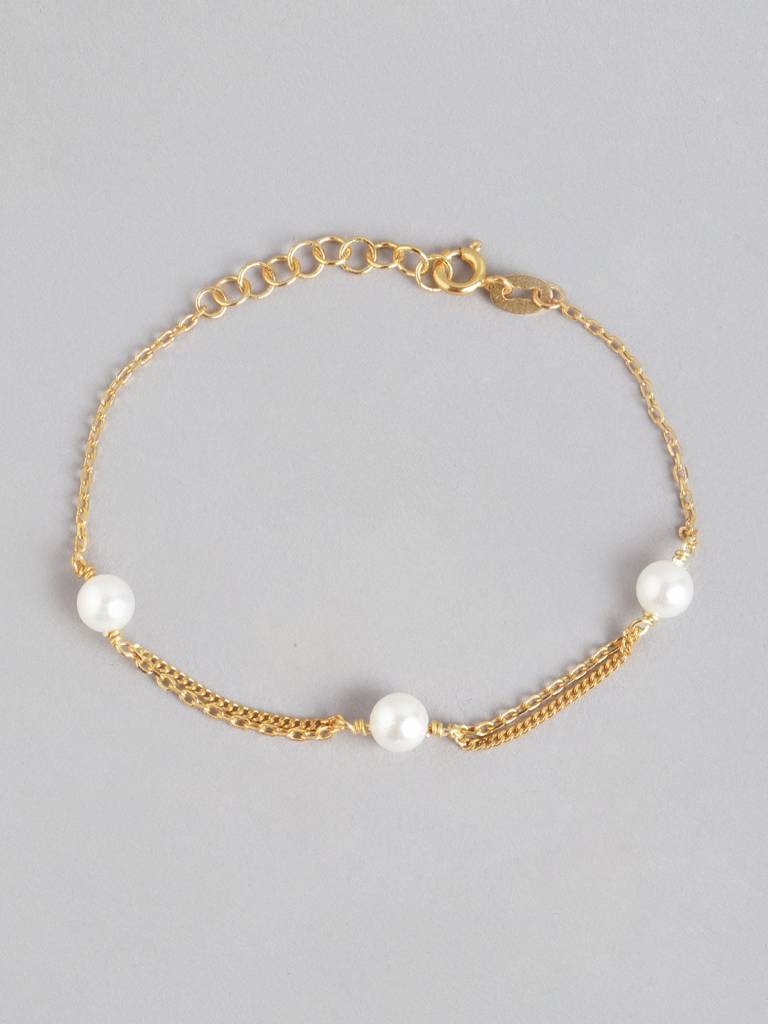 Gold-Plated White Pearl Studded Handcrafted Link Bracelet : FJB3662