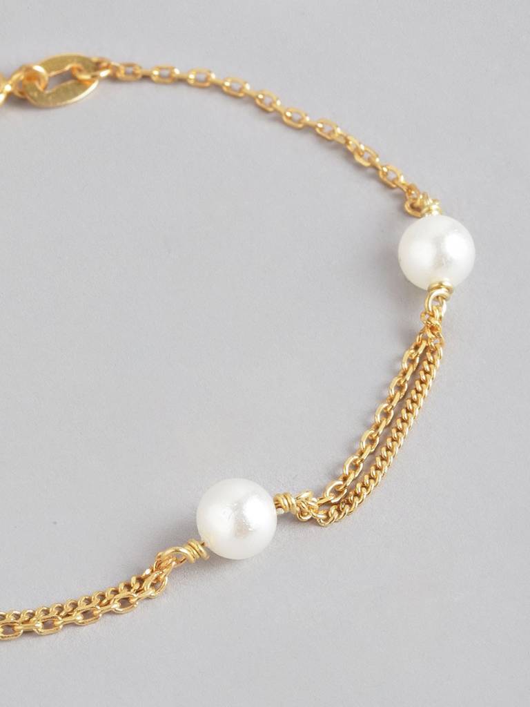 Gold-Plated White Pearl Studded Handcrafted Link Bracelet : FJB3662