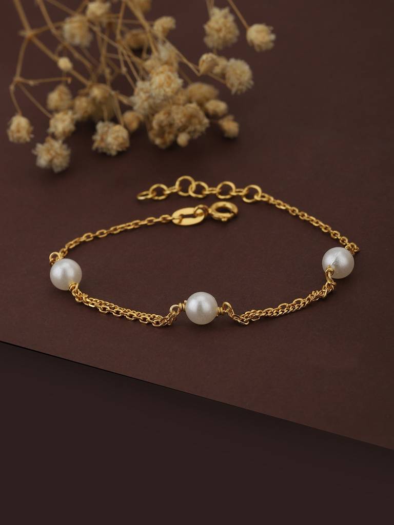 Gold-Plated White Pearl Studded Handcrafted Link Bracelet : FJB3662