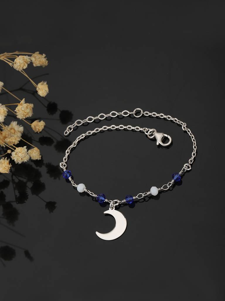 Carlton London Women Silver-Toned White & Blue Beaded Brass Rhodium-Plated Charm Bracelet : FJB3823