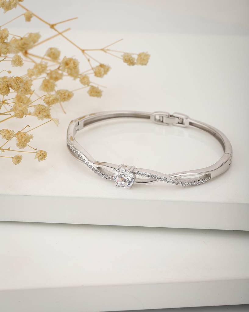 Women Silver-Toned Brass Cubic Zirconia Rhodium-Plated Bangle-Style Bracelet : FJB3897