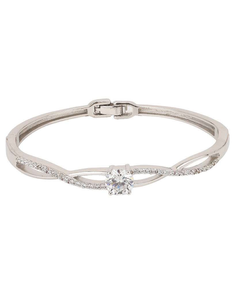 Women Silver-Toned Brass Cubic Zirconia Rhodium-Plated Bangle-Style Bracelet : FJB3897
