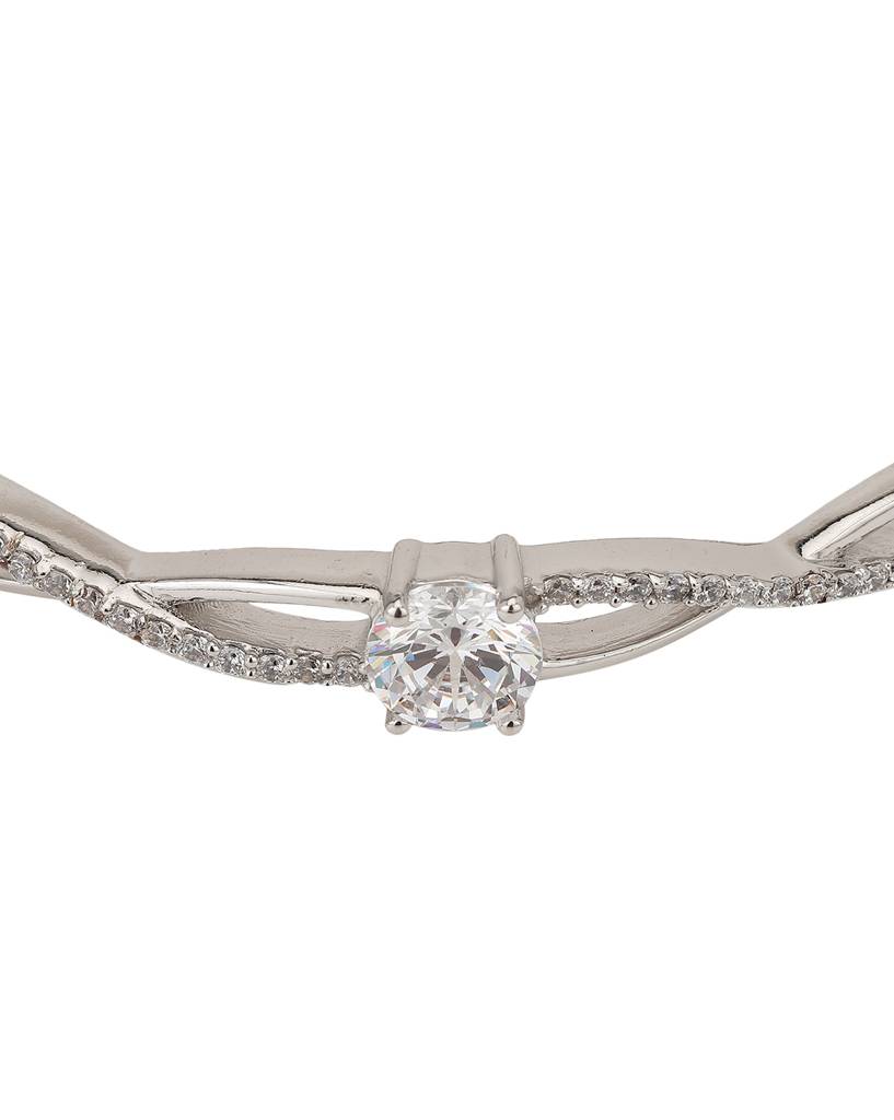Women Silver-Toned Brass Cubic Zirconia Rhodium-Plated Bangle-Style Bracelet : FJB3897