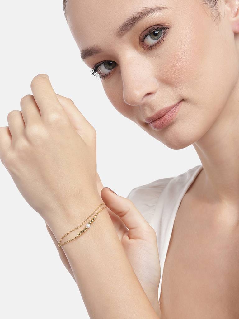 Carlton London 18Kt Gold Plated Double Layer Bracelet With Gold Beads & Pearl : FJB4311
