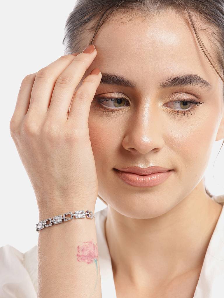 Carlton London Women Brass Cubic Zirconia Studded Rhodium-Plated Bracelet : FJB4368