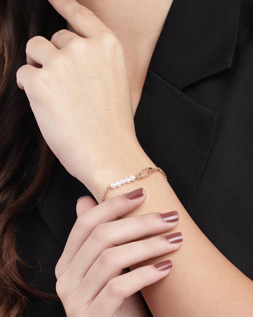 Women 18Kt Rose Gold Plated Pearl Double Chain Charm Bracelet : FJB4943