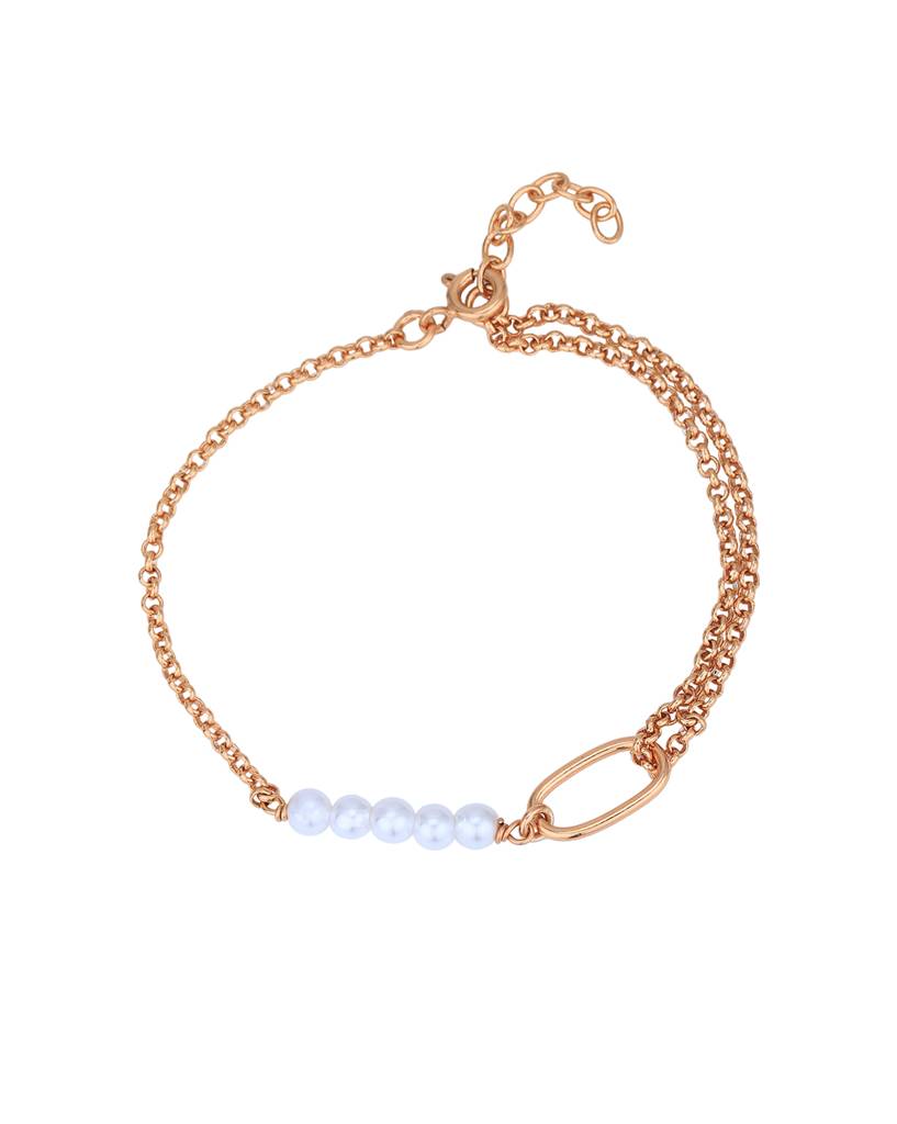 Women 18Kt Rose Gold Plated Pearl Double Chain Charm Bracelet : FJB4943
