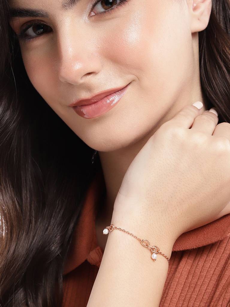 Carlton London 18Kt Rose Gold Plated With Pearl Beaded Charm Bracelet : FJB4956