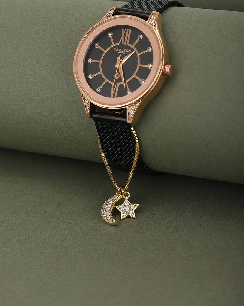 Gold-Toned Crystal Studded Star & Moon Shaped Watch Charm : FJCH3306