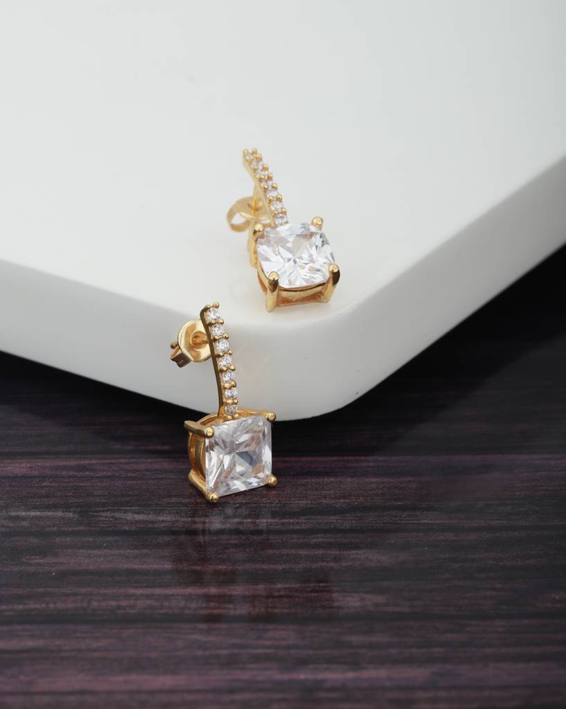 Gold-Plated & Silver-Toned Cz-Studded Square Drop Earrings : FJE1470