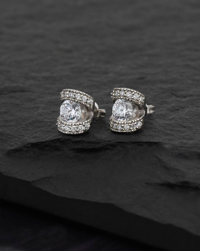 Silver-Toned Rhodium-Plated Cz-Studded Contemporary Studs : FJE1520