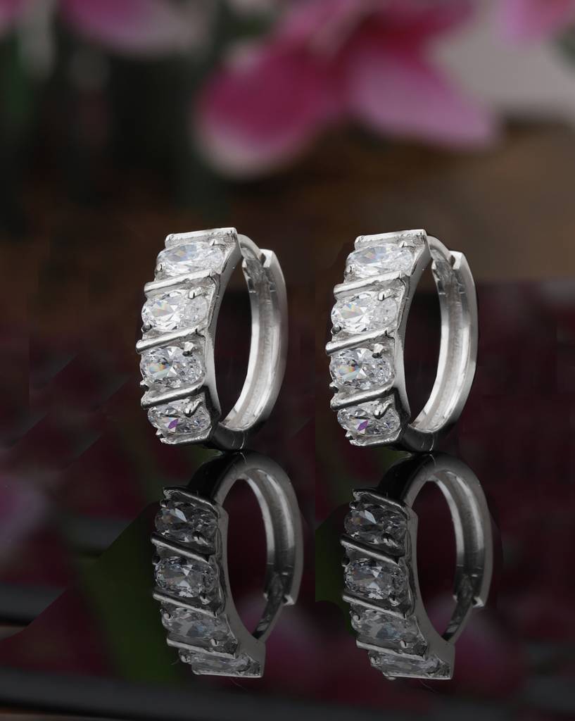 Silver-Toned Rhodium-Plated Cz Studded Circular Hoop Earrings : FJE1625