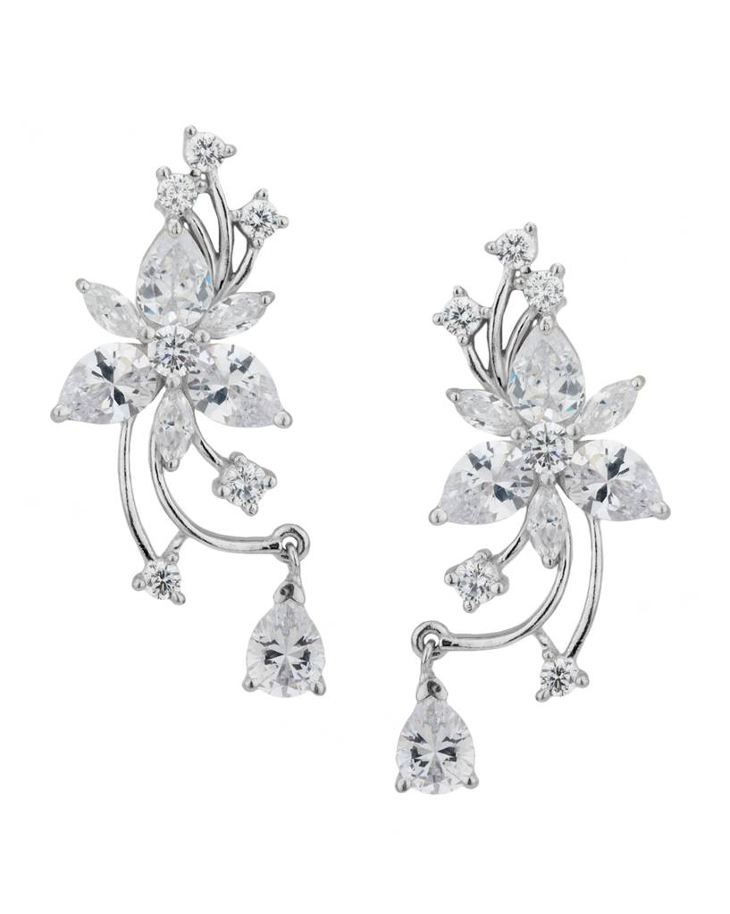 Silver-Toned Rhodium-Plated Cz Stone-Studded Floral Drop Earrings : FJE1750