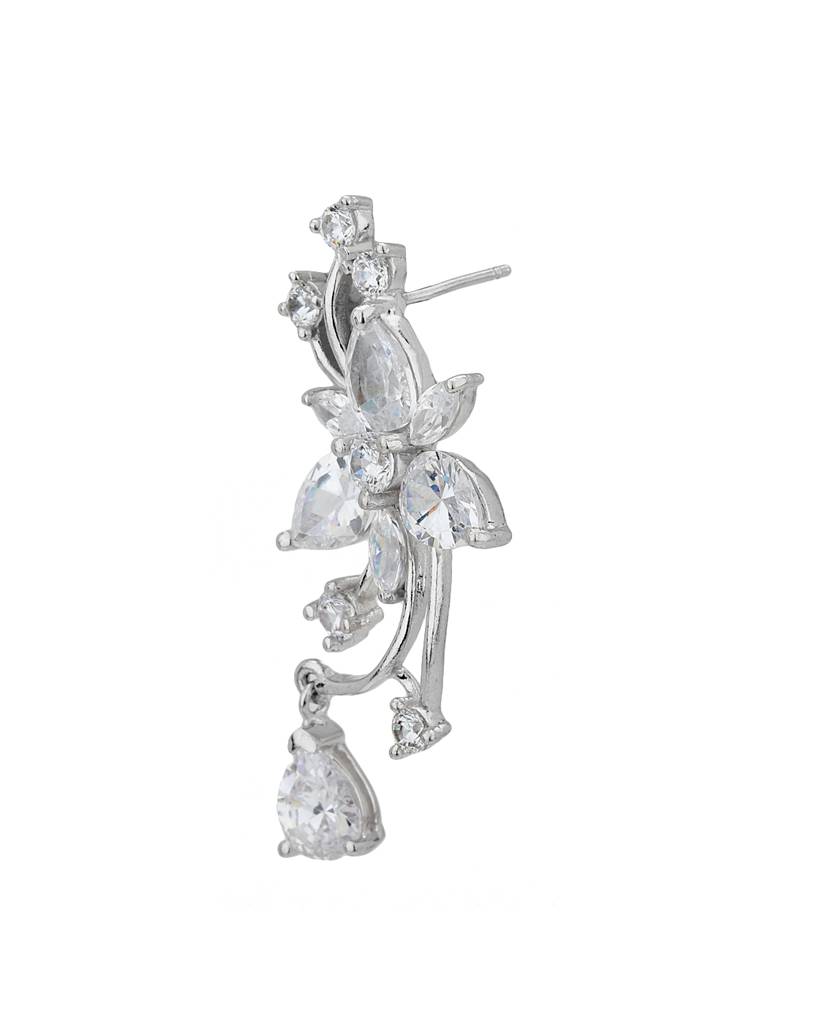 Silver-Toned Rhodium-Plated Cz Stone-Studded Floral Drop Earrings : FJE1750