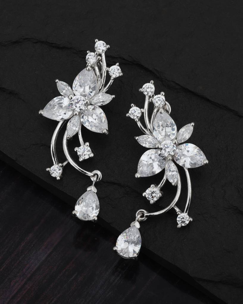 Silver-Toned Rhodium-Plated Cz Stone-Studded Floral Drop Earrings : FJE1750